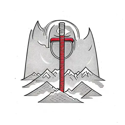 Thor's hammer Mjolnir resting on a mountain peak tattoo design idea