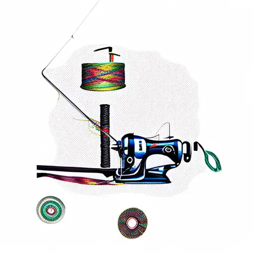  fishing rod and sewing machine, that their threads are linked together tattoo design idea