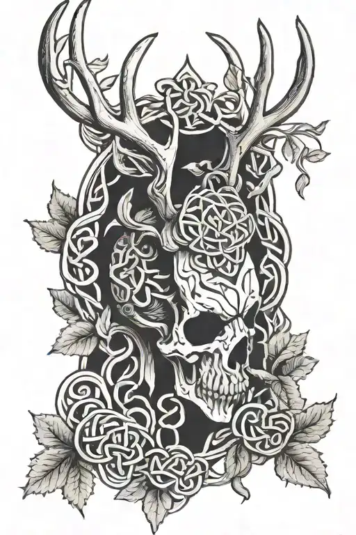 celtic knots, oak leaf, odin god, deer skull tattoo design idea