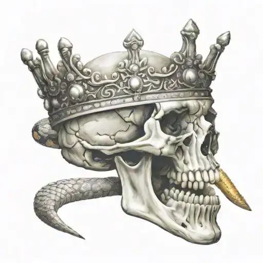 Skull wearing a crown, snake coming out of mouth open tattoo design idea