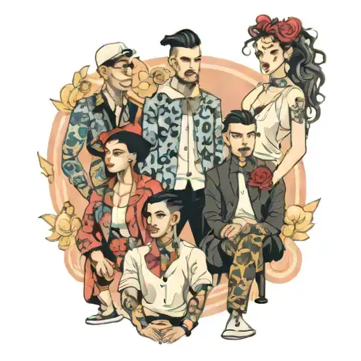 four people in a mix of male and feminine clothing  tattoo design idea