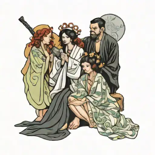 four people in sheer robes tattoo design idea