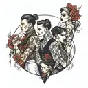 four people in a mix of male and feminine clothing  tattoo design idea