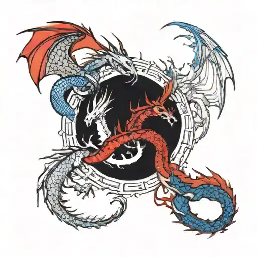Red dragon and Blue dragon with red and blue fire, and Lightning tattoo design idea