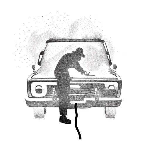 A silhouette of a mechanic working on a vintage truck, with sparks flying from the welding torch tattoo design idea
