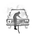 A silhouette of a mechanic working on a vintage truck, with sparks flying from the welding torch tattoo design idea