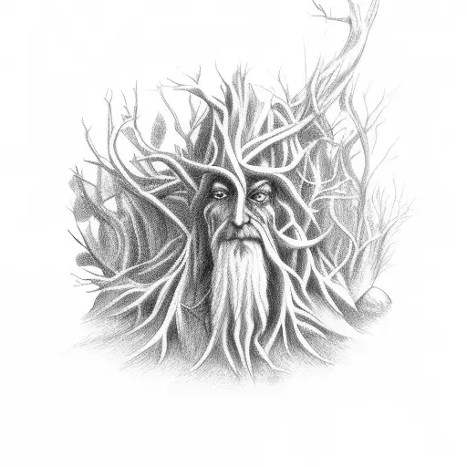 A mystical Leshy emerging from the depths of a dense forest tattoo design idea