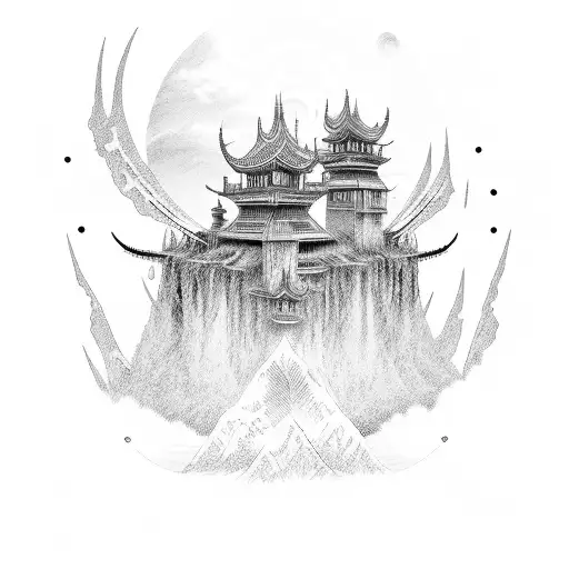 Illustration of Tengri deities in a dream-like landscape tattoo design idea