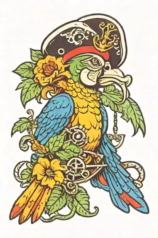 parrot with pirate hat with anchor and flower details Old school tattoo tattoo design idea