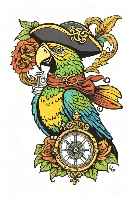 parrot with pirate hat with compass and hourglass and flower details Old school tattoo tattoo design idea