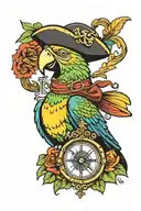 parrot with pirate hat with compass and hourglass and flower details Old school tattoo tattoo design idea