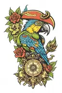 parrot with pirate hat with compass and hourglass and flower details Old school tattoo tattoo design idea