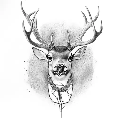 Create a tattoo of a deer skull with antlers intertwined with a farm tractor tattoo design idea