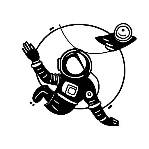 floating astronaut with laptop with compass behind tattoo design idea