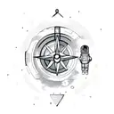 floating astronaut with laptop with compass behind tattoo design idea