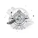 floating astronaut with laptop with compass behind tattoo design idea