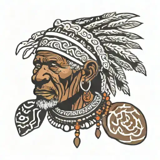 African old wrinkly tribal chief wearing a hunted lion's head tattoo design idea