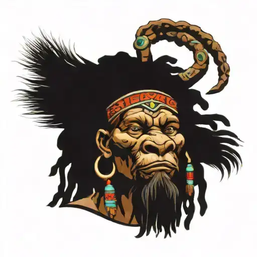 head of African tribal chief with wrinkly face, long dreadlocks, tribal jewelry, wearing head of a hunted lion on head tattoo design idea