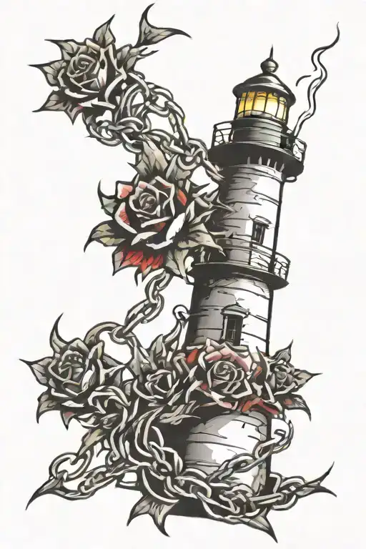 broken chain of thorns wrapped around a lighthouse tattoo design idea