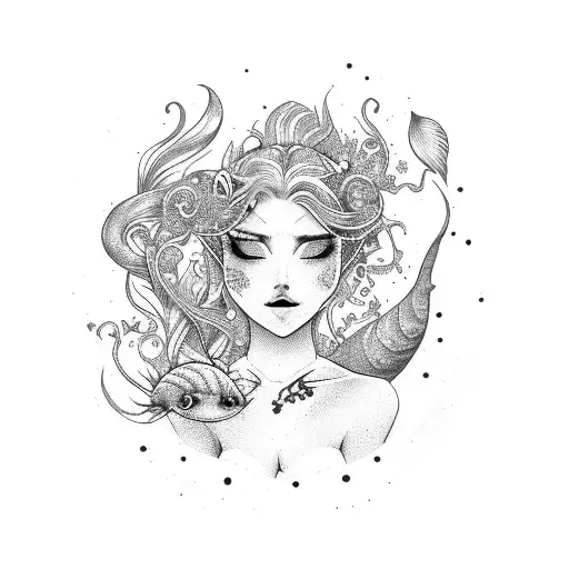 A whimsical mermaid holding a plate of sushi tattoo design idea