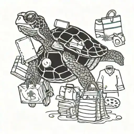 A dancing turtle surrounded by shopping bags and friends, with a microbiology theme incorporated tattoo design idea