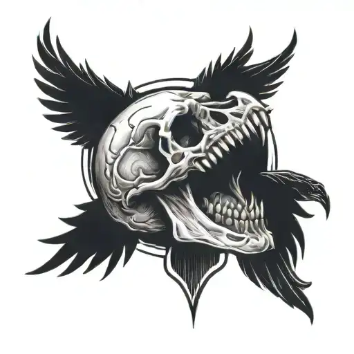 Tattoo of a Skull with open mouth and a raven flying going out of the mouth tattoo design idea