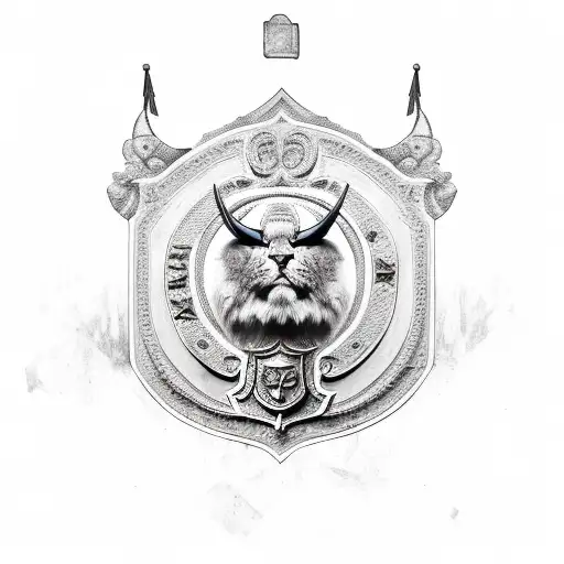 large cat fighting strong bull, Roman numerals for 1963, sword crossing with a fountain pen, on a shield to make a crest tattoo design idea