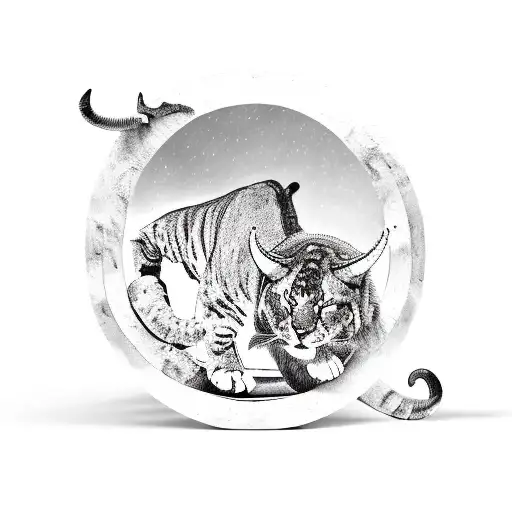 large cat wrestling strong bull, Roman numerals for 1963, sword crossing with a fountain pen, all those images on a shic tattoo design idea