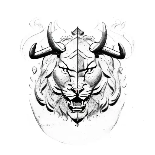 large cat fighting strong bull, Roman numerals for 1963, sword crossing with a fountain pen, on a crest  tattoo design idea