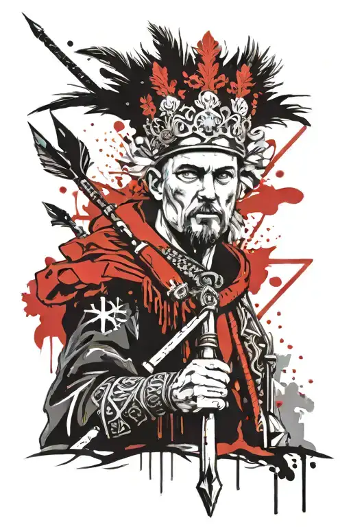 black and white drawing, a Slavic Ukrainian who holds a Cossack mace and a trident on his head, add a crown and the coat tattoo design idea