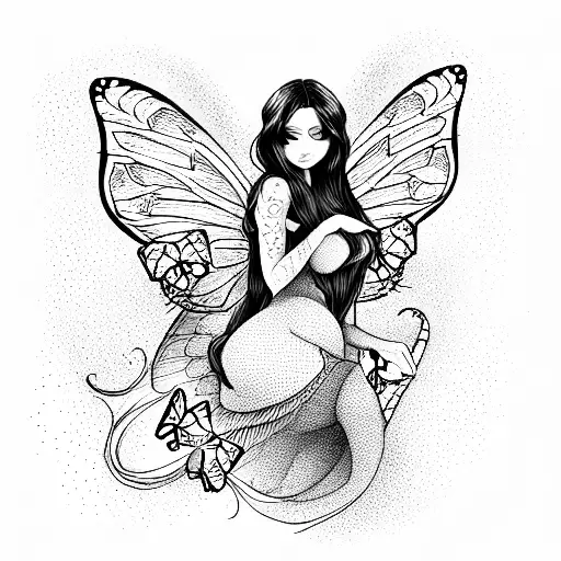 curvy fairy with long hair and butterfly wings tattoo design idea