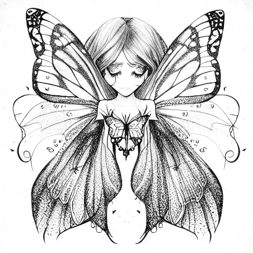 fairy with long hair and butterfly wings tattoo design idea