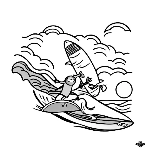 Finn and Jake from Adventure Time Riding a Surfboard on a single wave tattoo design idea