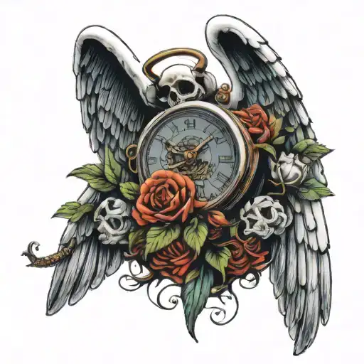skull cementery clock angel holding tattoo design idea