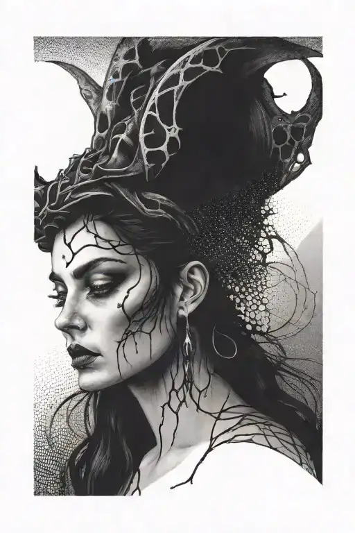 darkness, woman face, scarry satanism, occult tattoo design idea