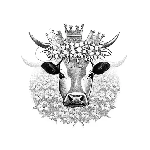 A whimsical tattoo of a cow wearing a crown made of Lily of the valley and Daisy flowers, symbolizing the beauty and grace of farming tattoo design idea