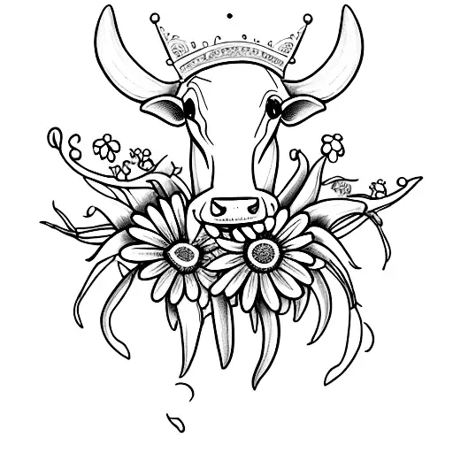 A whimsical tattoo of a cow wearing a crown made of Lily of the valley and Daisy flowers, symbolizing the beauty and grace of farming tattoo design idea