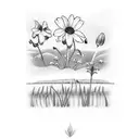 A minimalist tattoo of a cow grazing in a field of Lily of the valley and Daisy flowers, capturing the peaceful and serene essence of farming tattoo design idea