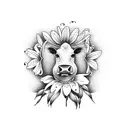 A minimalist tattoo of a cow grazing in a field of Lily of the valley and Daisy flowers, capturing the peaceful and serene essence of farming tattoo design idea