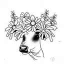 A minimalist tattoo of a cow grazing in a field of Lily of the valley and Daisy flowers, capturing the peaceful and serene essence of farming tattoo design idea