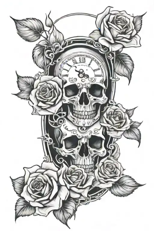 skulls roses and clocks  tattoo design idea