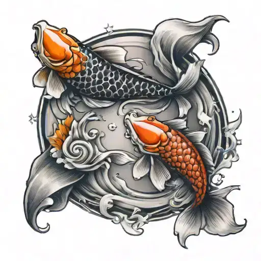 realistic 2  koi fish in a yin yang circle shape surrounded by 4 stars tattoo design idea