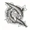 realistic koi fish in a yin yang circle shape surrounded by 4 stare tattoo design idea