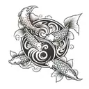 realistic koi fish in a yin yang circle shape surrounded by 4 stare tattoo design idea