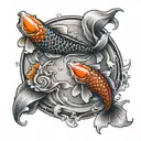 realistic 2  koi fish in a yin yang circle shape surrounded by 4 stars tattoo design idea
