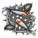 realistic 2  koi fish in a yin yang circle shape surrounded by 4 stars tattoo design idea