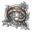 realistic 2  koi fish in a yin yang circle shape surrounded by 4 stars tattoo design idea