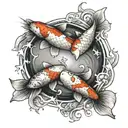 realistic 2  koi fish in a yin yang circle shape surrounded by 4 stars tattoo design idea