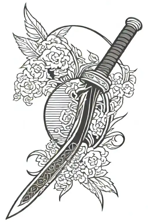 A front-facing tattoo design starting from the bottom with the sharp blade of a katana. As the blade extends upward, the tattoo design idea
