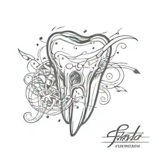 A sketch tattoo of a tooth with musical notes swirling around it, representing the client's passion for both dentistry and music. tattoo design idea
